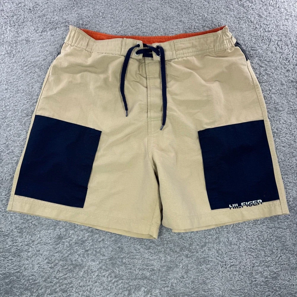 Y2K Tommy Hilfiger Vintage Mens XL Tan Navy‎ Colorblock Board Shorts Swim Trunks